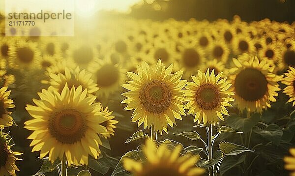 Closeup view on sunflower field  selective focus AI generated