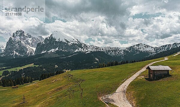 Panoramic view from the Seiser Alm to the Dolomites in Italy  drone shot