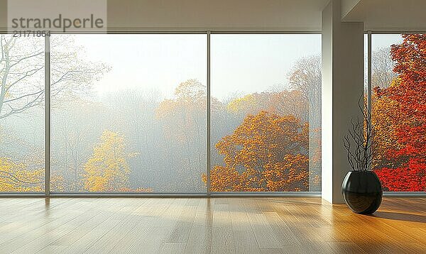 Heller Raum  bodentiefe Fenster  Blick auf den nebligen Herbstwald draußen  buntes Laub AI erzeugt  KI generiert