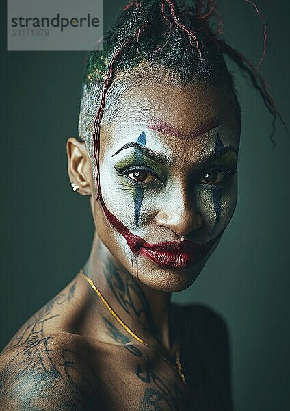 Eine Frau mit Clown Make up und Tattoos blickt intensiv  was eine kühne und kantige Stimmung erzeugt  KI erzeugt  KI generiert