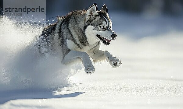 Ein Hund läuft durch den Schnee mit seinen Pfoten in der Luft. Der Hund ist weiß und schwarz und er genießt sich AI erzeugt  KI generiert