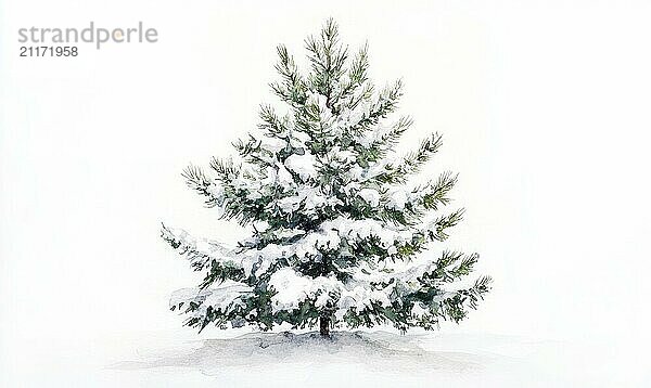 A snow covered pine tree is the main focus of the image. The tree is surrounded by a white background  which creates a serene and peaceful atmosphere. The snow on the tree adds a sense of stillness AI generated