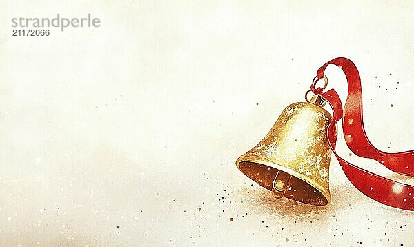 A golden bell with a red ribbon hanging from it. The bell is surrounded by a white background AI generated