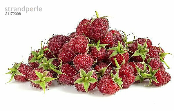 Raspberry slide isolated on white background. Fresh berries with green stalks