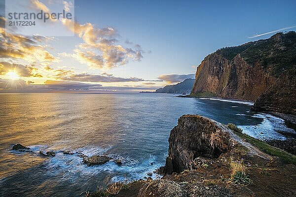 View of Madeira scenic cliffs coastline landscape on sunrise  Guindaste viewpoint  Madeira island  Portugal  Europe