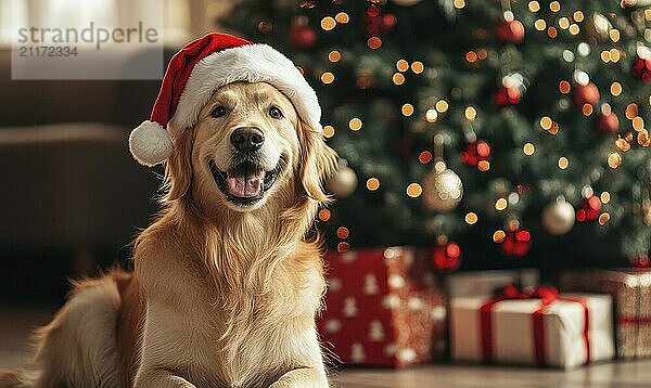 Ein Hund mit einer Weihnachtsmannmütze liegt auf dem Boden vor einem Weihnachtsbaum. Der Hund scheint glücklich und zufrieden zu sein  und die Szene ist festlich und fröhlich KI erzeugt  KI generiert