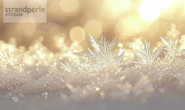 A close up of snowflakes with a bright yellow background. The snowflakes are all different shapes and sizes  and they are all covered in a layer of frost AI generated