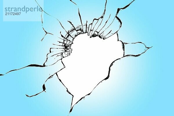 Broken glass with a hole in the center on a blue background. The effect of cracks on the window