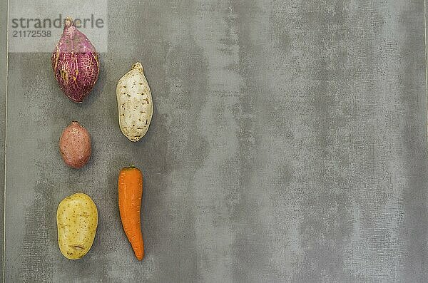 Great concept of healthy food  various vegetables  potatoes  sweet potatoes  carrots  on gray background  polished concrete