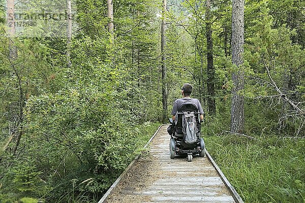 Happy man on wheelchair in nature. Exploring forest wilderness on an accessible dirt path