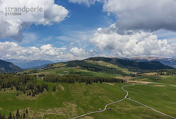 Panoramic view from the Seiser Alm to the Dolomites in Italy  drone shot