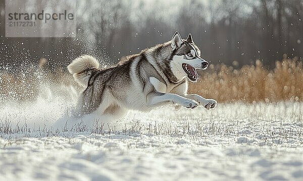 Ein Hund läuft mit herausgestreckter Zunge durch den Schnee. Der Hund ist weiß und braun AI erzeugt  KI generiert