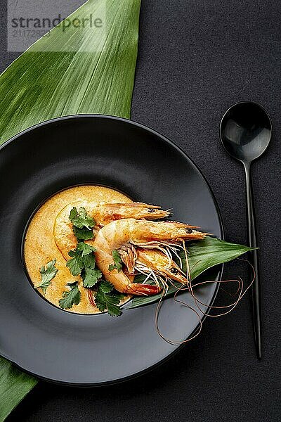 Food  Seafood cream soup with shrimps decorated with tropical leaves. In black plate  on black background. Top view  copy space