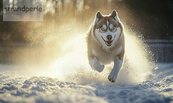 Ein Hund rennt mit herausgestreckter Zunge durch den Schnee. Der Hund scheint sich zu amüsieren und ist voller Energie AI erzeugt  KI generiert