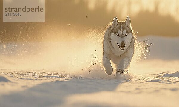 Ein Hund läuft mit herausgestreckter Zunge durch den Schnee. Der Hund ist weiß und schwarz und er genießt sich selbst AI erzeugt  KI generiert