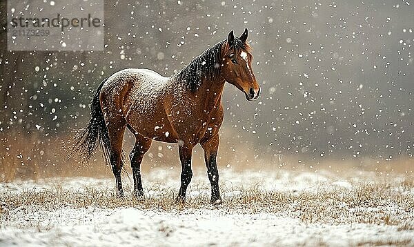 Ein braunes Pferd steht im Schnee. Der Schnee fällt leicht und schafft eine friedliche und heitere Atmosphäre. Das Pferd scheint das Winterwetter zu genießen  das KI erzeugt  KI generiert