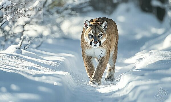 Ein brauner und weißer Puma läuft durch den Schnee. Das Bild hat eine friedliche und heitere Stimmung  wie der Puma bewegt sich durch die ruhige Winterlandschaft AI erzeugt  KI generiert