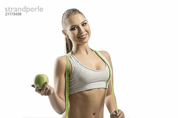 Beautiful fitness trainer with a laptop and an apple cropped isolated view on white background