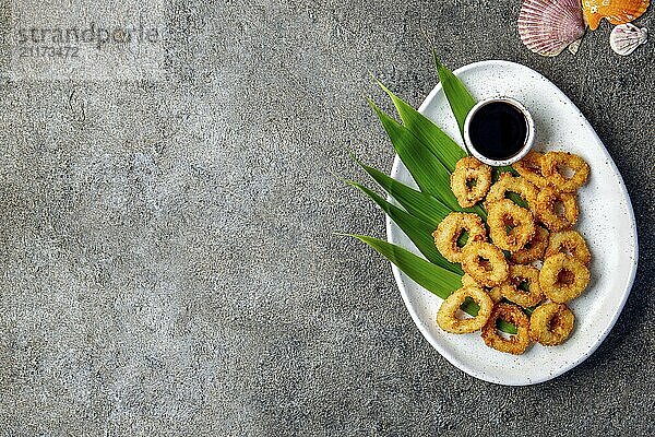 Food  Fried squids rings on white plate decorated with tropical leaves  gray concrete background  top view