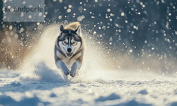 Ein Hund rennt durch den Schnee und hinterlässt eine Spur aus weißem Pulver. Der Hund scheint sich zu amüsieren  und die Szene ist lebendig und energisch AI erzeugt  KI generiert