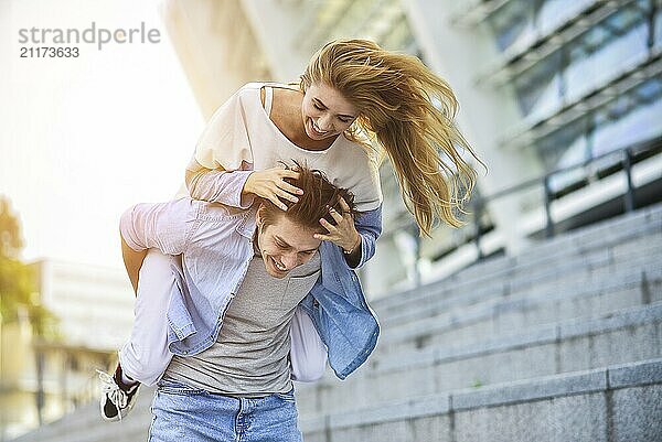 Beautiful couple in love dating outdoors and smiling