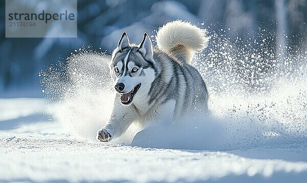 Ein großer Hund rennt durch den Schnee und hinterlässt eine Spur aus weißem Pulver. Der Hund scheint sich zu amüsieren  während er rennt  und die Szene ist lebendig und energiegeladen AI erzeugt  KI generiert