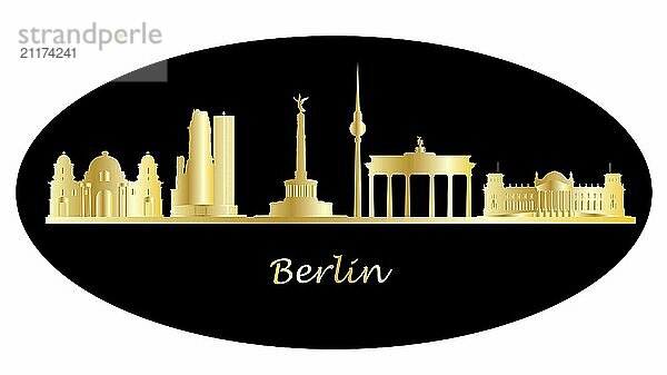 Berlin Stadt Skyline in Deutschland Illustration mit dem Brandenburger Tor Reichstag und andere Architektur in Gold Hexe schwarzen Hintergrund