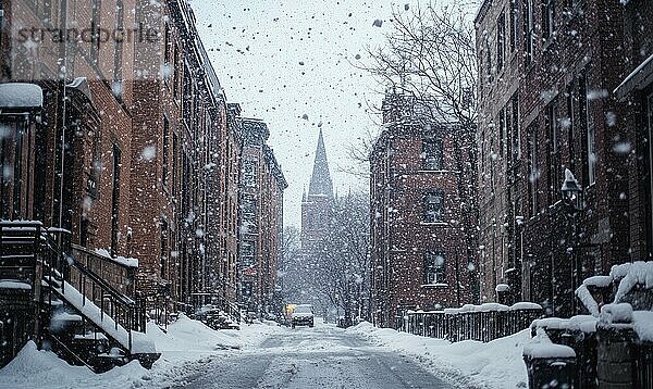 Eine verschneite Straße  auf der ein Auto fährt. Die Straße ist mit Gebäuden und einer Kirche gesäumt. Der Schnee fällt heftig und schafft eine friedliche und heitere Atmosphäre  die AI erzeugt  KI generiert