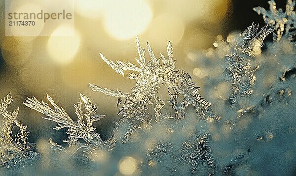 A close up of a snowflake with a bright yellow background. The snowflake is surrounded by a blue sky  which gives the impression of a winter scene AI generated