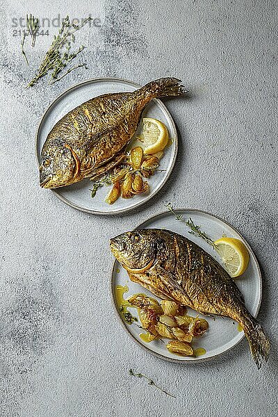 Food  Grilled sea bream or dorada on gray plate. Gray background