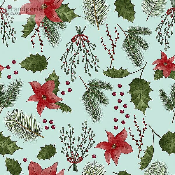 Holly  fir  mistletoes and poinsettia Christmas floral decoration greenery watercolour painting  seamless pattern design illustration on blue background