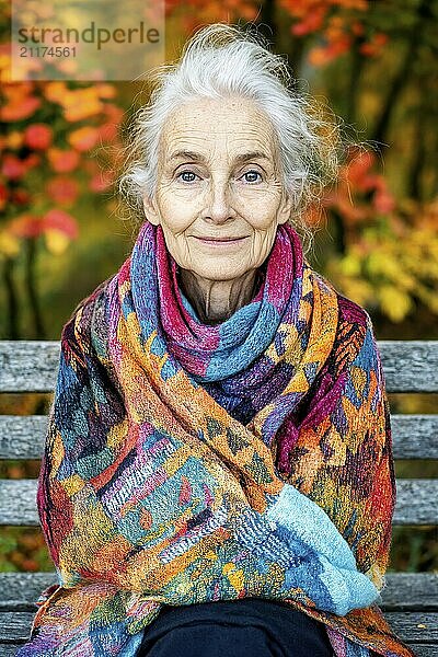 Elderly woman with colourful scarf sitting on a bench in an autumn park  generated with AI  AI generated