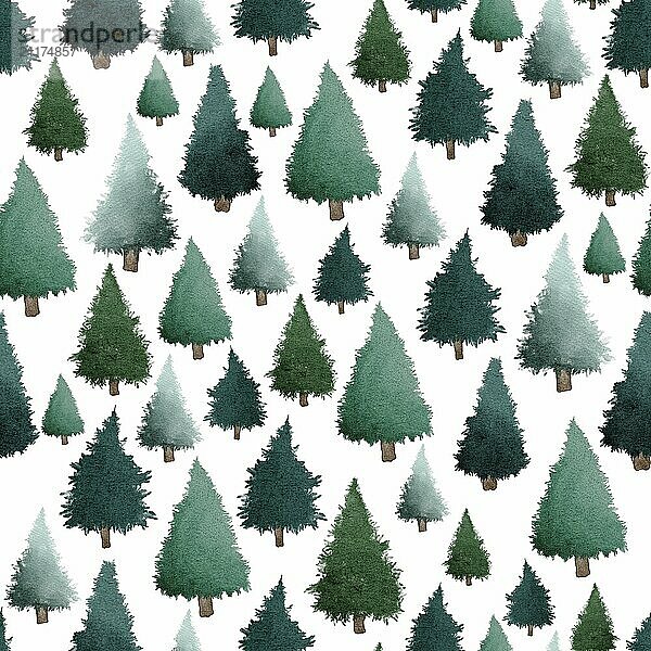 Green Christmas trees watercolour painting seamless pattern design illustration on white background