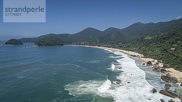 Aerial view to wonderful Green Coast shoreline and mountains covered with Atlantic Forest  Picinguaba  Brazil  South America