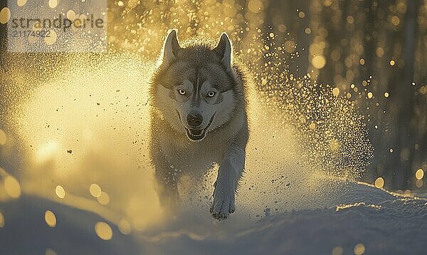 Ein Hund läuft mit seinen Pfoten in der Luft durch den Schnee. Der Hund scheint glücklich und energiegeladen zu sein  AI erzeugt  KI generiert