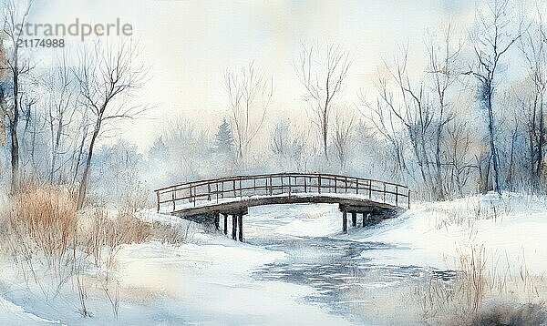 Eine Brücke über einen zugefrorenen Fluss mit Schnee auf den Bäumen. Die Brücke ist aus Holz und überspannt die Breite des Flusses. Die Szene ist friedlich und heiter  mit den schneebedeckten Bäumen KI erzeugt  KI generiert