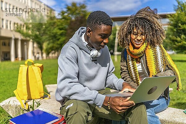 Multi-ethnic male and female students using laptop together sitting outside the campus in a sunny day