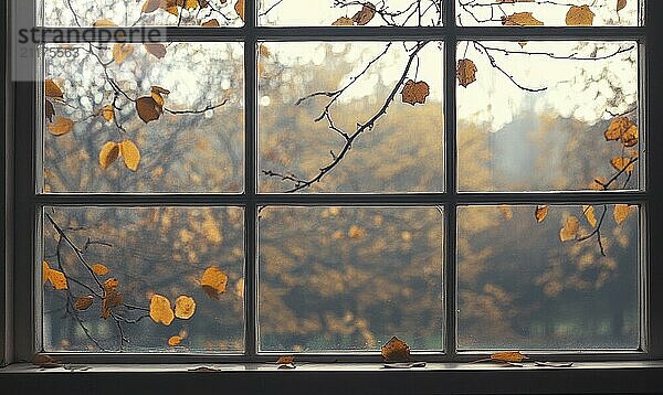 View from the large window on misty autumn landscape AI generated