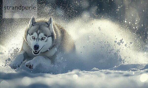 Ein Hund rennt mit offenem Maul und gefletschten Zähnen durch den Schnee. Der Hund scheint in spielerischer Stimmung zu sein und den Schnee und das kalte Wetter zu genießen  das AI erzeugt  KI generiert