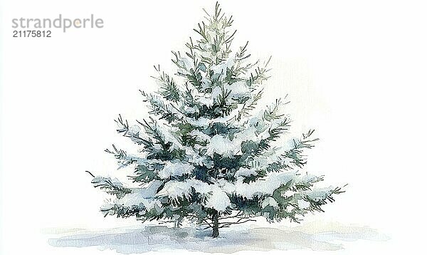 A snow covered pine tree is the main focus of the image. The tree is surrounded by a white background  which gives the impression of a winter landscape. The snow on the tree AI generated