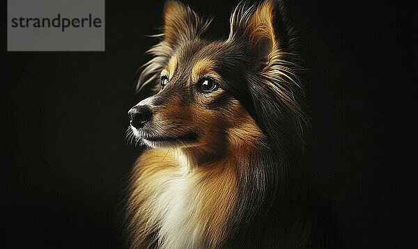 A Sheltie sitting calmly in a studio with a black background AI generated