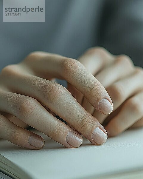 A person's hands resting on top of a book. The hands are positioned close together  and the book is open to a page with a white background AI generated