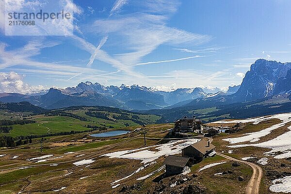 Panoramic view from the Seiser Alm to the Dolomites in Italy  drone shot