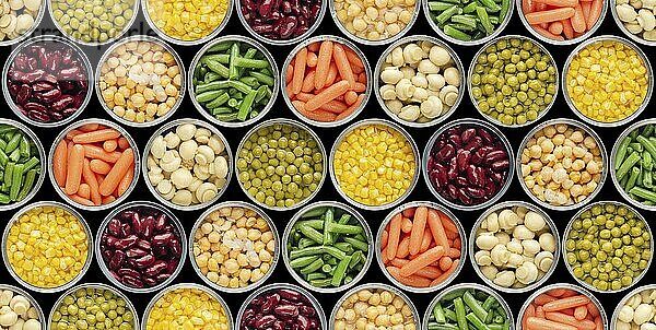 Seamless food background made of opened canned chickpeas  green sprouts  carrots  corn  peas  beans and mushrooms on black background