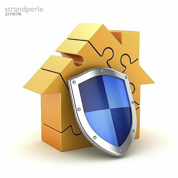 Puzzle Home And Shield Symbol  This is a 3d Rendered Computer Generated Image. Isolated on White