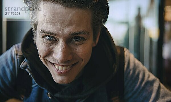 Close up photo of handsome Caucasian man looking and smiling at camera with happy cheerful expression