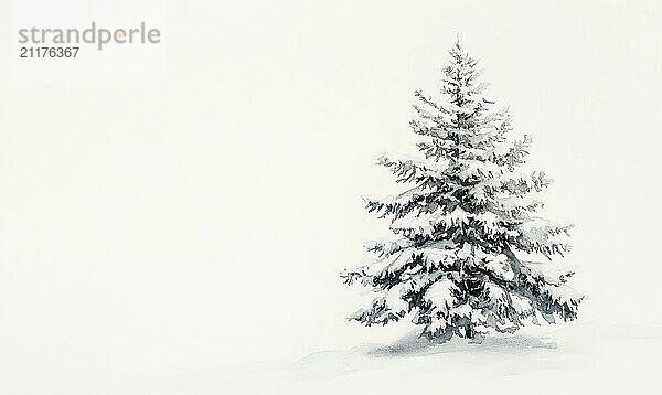 Ein weißer Hintergrund mit einem einzelnen Baum im Vordergrund. Der Baum ist kahl und mit Schnee bedeckt. Konzept der Einsamkeit und Ruhe  wie der Baum steht allein in der schneebedeckten Landschaft AI erzeugt  KI generiert