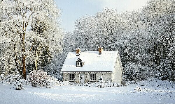 Ein kleiner Kohlweißling mit einem Schornstein steht auf einem verschneiten Feld. Das Haus ist von Bäumen und Sträuchern umgeben  und der Schnee türmt sich um es herum auf. Die Szene ist friedlich und heiter AI erzeugt  KI generiert