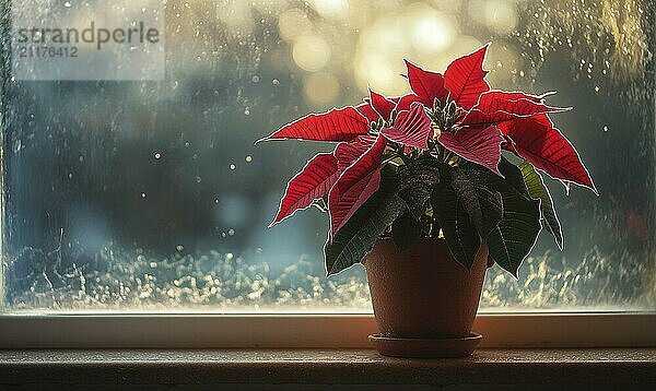 Ein roter Weihnachtsstern steht in einem Topf auf einer Fensterbank. Die Pflanze ist von einem frostigen Nebel umgeben  der ihr ein heiteres und friedliches Aussehen verleiht. Das Fenster selbst ist neblig KI erzeugt  KI generiert