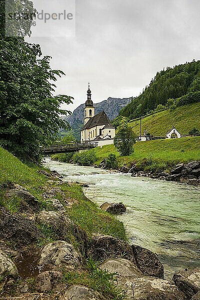 View of the parish church of St. Sebastian in Ramsau in Bavaria  Germany  Europe